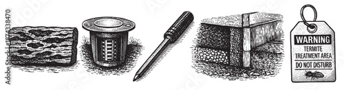 This vintage-style illustration displays various items related to termite control, including bait stations, probes, and a warning sign, representing pest management and home protection.