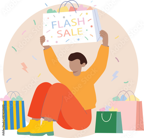 Man holding flash sale sign surrounded by shopping bags