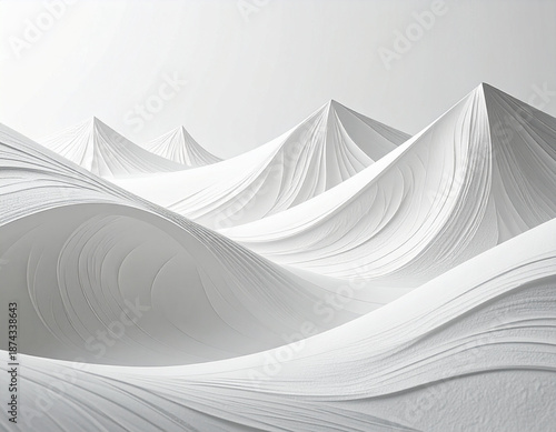 Abstract white paper waves forming smooth flowing mountainous landscape with soft light and shadow, minimalist creative background.