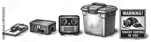 A vintage-style illustration depicts a progression of rodent control methods from a classic trap to bait stations and a warning sign, emphasizing pest management solutions.