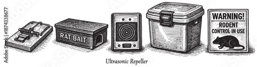 A vintage woodcut style illustration displays a collection of pest control methods including a mousetrap, rat bait box, ultrasonic repeller, and warning sign.
