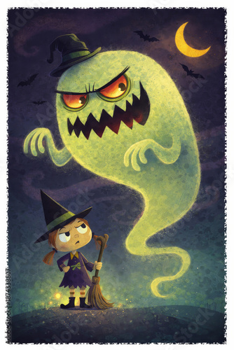 Cute Halloween Illustration with Angry Ghost and Little Witch