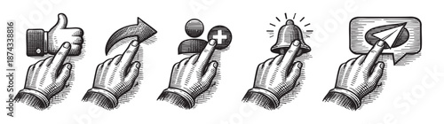 A series of five black and white woodcut style illustrations depicting various hand gestures and icons, representing social media actions like liking, messaging, and adding contacts.