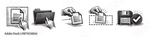 This woodcut-style illustration depicts the steps of saving a document, from selecting it in a folder to inserting a floppy disk with a checkmark.