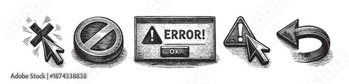 A series of five black and white woodcut-style icons representing common computer actions and errors, including a forbidden symbol, a disabled button, an error message, a warning sign