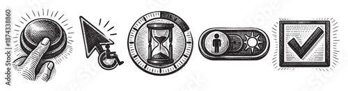 A collection of five black and white hand-drawn icons, including a button, cursor with accessibility symbol, hourglass, toggle switch, and checkmark, on a white background.