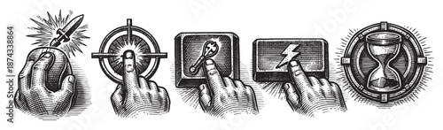 A collection of five black and white woodcut style icons depicting hand actions like launching, aiming, clicking, and time management, suggesting decision making or task completion.
