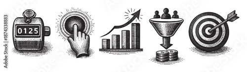 A conceptual illustration in a hand-drawn, woodcut style depicts a process of business growth from data to profit and achievement with icons for numbers, target, graph, person, money, and dartboard.