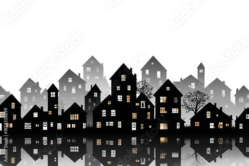 Wallpaper Mural Black silhouette of houses with illuminated windows reflecting on water, creating calm and mysterious atmosphere with bare trees and layered buildings in background Torontodigital.ca