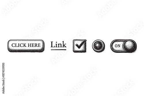 A collection of hand-drawn vector icons featuring a "Click Here" button, "Link" text, a checkmark, a circular button, and an "On" toggle switch in a vintage style.