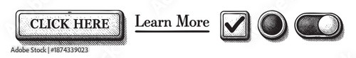 This vintage illustration features a "Click Here" button, "Learn More" text, a checkbox, and toggle switches, perfect for website design and technology concepts.