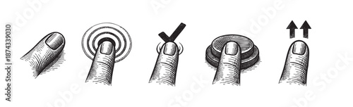 A vintage-style line art illustration depicts a sequence of five finger gestures for touchscreen interaction, including touch, tap, long press, and swipe up.