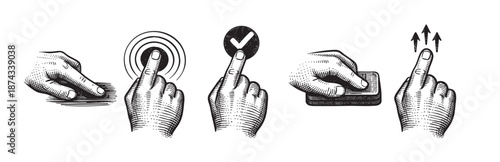 A vintage illustration depicts five distinct hand gestures simulating touchscreen interactions including tapping, swiping, clicking, and zooming with arrows.