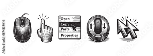 A collection of vintage computer icons in a black and white sketch style, including a mouse, finger click, menu options, scroll wheel, and cursor.