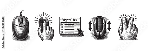A vintage woodcut style illustration displays a computer mouse, a finger right-clicking, a document with checkboxes, a scroll wheel mouse, and a hand performing a zoom gesture.