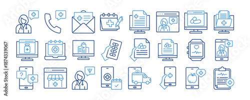 Telemedicine icon collection. Containing design Doctor, Consultation, Email, Medical Appointment, Medical Report