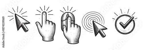 A hand drawn sketch of five icons representing click actions, including a cursor, finger, mouse, and checkmark, all on a white background.