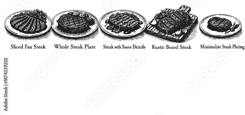 A black and white illustration showcasing five different steak plating styles, from fan-sliced to rustic board presentation, ideal for culinary or restaurant themes.
