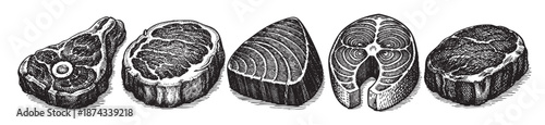 A black and white engraving illustration featuring a variety of raw meat and fish cuts arranged in a line, perfect for food, cooking, or butcher shop themes.