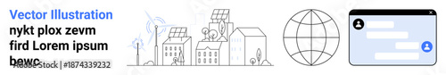 Renewable energy, global network, green technology, digital communication, sustainability, smart cities. Line art of solar panels, wind turbines earth grid and chat interface. Renewable energy