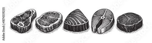 A stylized, black and white illustration features a selection of five raw meat and fish cuts arranged in a line, rendered in a classic engraving style.