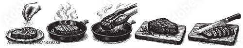 This illustrative sequence depicts the preparation of a steak, from seasoning to slicing, rendered in a classic black and white etching style.