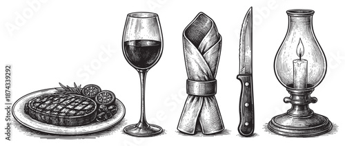 A detailed black and white illustration depicts a grilled steak, a glass of red wine, a folded napkin, a knife, and a lit oil lamp, evoking a classic dining experience.