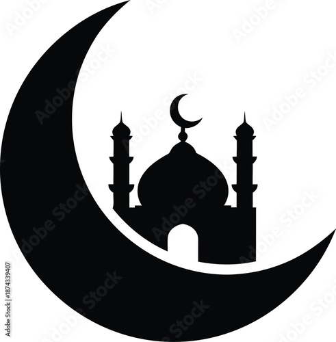 Islamic mosque and crescent moon silhouette Vector