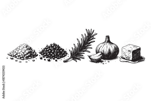 Black and white sketch of food ingredients including piles of peppercorns, a rosemary sprig, a whole garlic bulb with a clove, and a melting cube of butter.