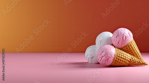 Delicious Ice Cream Cones with Pink and White Scoops on a Colorful Background in a Fun and Playful Setting Ideal for Summer Treats and Desserts
