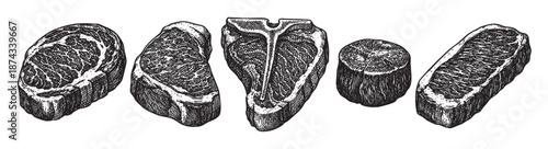 A vintage ink sketch showcases a variety of raw steak cuts, including T-bone, sirloin, and ribeye, presented against a clean white background, ideal for culinary or butcher shop themes.