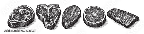 A vintage-style black and white illustration depicts five different raw cuts of meat, including a T-bone steak, arranged on a white background, ideal for culinary or butcher shop themes.