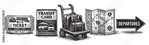 This black and white illustration depicts vintage travel elements including a bus ticket, transit card, luggage on a cart, a folded map with destinations, and a departures sign.