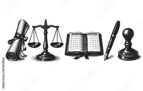 A still life illustration in black and white depicts legal and office items, including a scroll, scales of justice, an open ledger, a fountain pen, and a stamp.