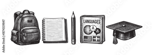 A vintage-style illustration in black and white features school essentials like a backpack, notebook, pencil, language book, and graduation cap, symbolizing learning and academic achievement.