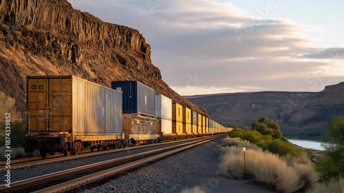 A freight train hauling containers for miles through remote wilderness, steel wheels echoing against cliffs as global logistics unfold in motion — heavy transport, supply chain imagery, and