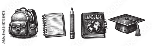 A vintage-style, black and white illustration depicts essential school and language learning items including a backpack, notebook, pencil, a book titled "Language" with a globe, and a graduation cap.