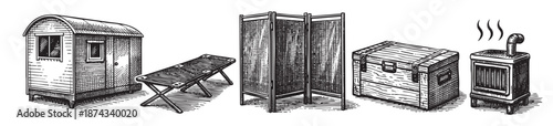 A vintage black and white line drawing illustration showcases a portable sauna, folding bench, privacy screen, wooden chest, and steam stove, ideal for wellness and relaxation themes.