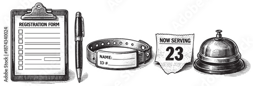 A collection of black and white sketch-style illustrations of items used for registration and service, including a clipboard, pen, wristband, numbered ticket, and service bell.