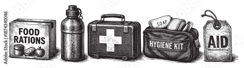 A hand-drawn illustration depicts a collection of essential emergency supplies, including food rations, a water bottle, a first aid kit, a hygiene kit, and an aid tag, presented in a vintage style.