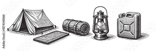 A black and white woodcut-style illustration featuring essential vintage camping equipment including a tent, sleeping pad, rolled sleeping bag, lantern, and jerrycan.