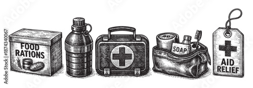 A scratchboard illustration displays essential aid supplies including food rations, water bottle, first aid kit, hygiene items like soap and toothbrush, and an aid relief tag.