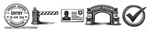 A graphic collection of black and white icons representing border control, including a stamp, stop sign, ID card, archway, and checkmark, suitable for travel and security concepts.