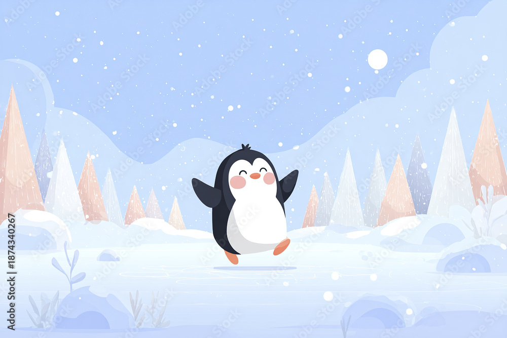 Obraz premium Cute penguin ice skating joyfully on frozen lake in winter landscape with snow falling and pastel colored trees under blue sky
