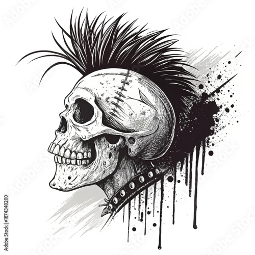 Hand-Drawn Punk Skull with Mohawk, Urban Graffiti Doodle, Grunge Vector Illustration