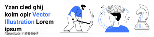 Business strategies, creative thinking, mental health, productivity, innovation, teamwork. Man working with pickaxe, creative head with music notes chess knight. Creative thinking and innovation