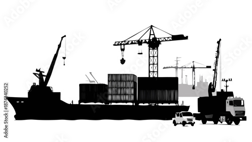 Silhouette of a massive cargo ship at sea with shipping containers, a crane, and a delivery truck in the foreground, industrial logistics concept vector.