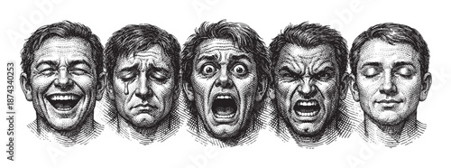 This black and white illustration features five distinct male faces in a row, each displaying a different emotion like joy, sadness, fear, anger, and peace with expressive linework.