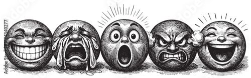 A black and white illustration depicts five spherical faces in a row, each displaying a distinct emotion from extreme joy and sorrow to surprise and anger.