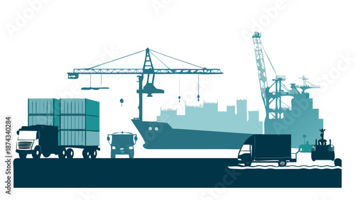 Silhouette of a massive cargo ship at sea with shipping containers, a crane, and a delivery truck in the foreground, industrial logistics concept vector.